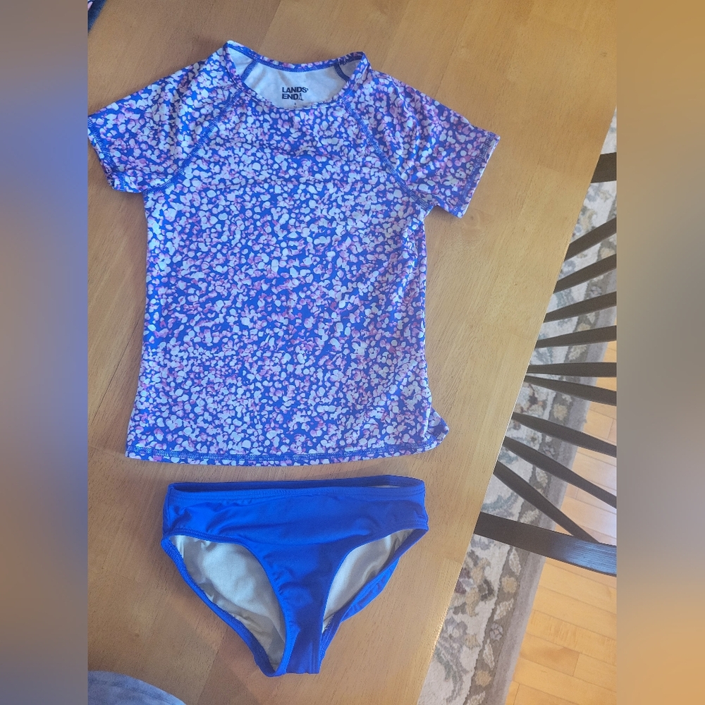 Lands' End Girls Blue Patterned Swinsuit Set Size S(6-7)